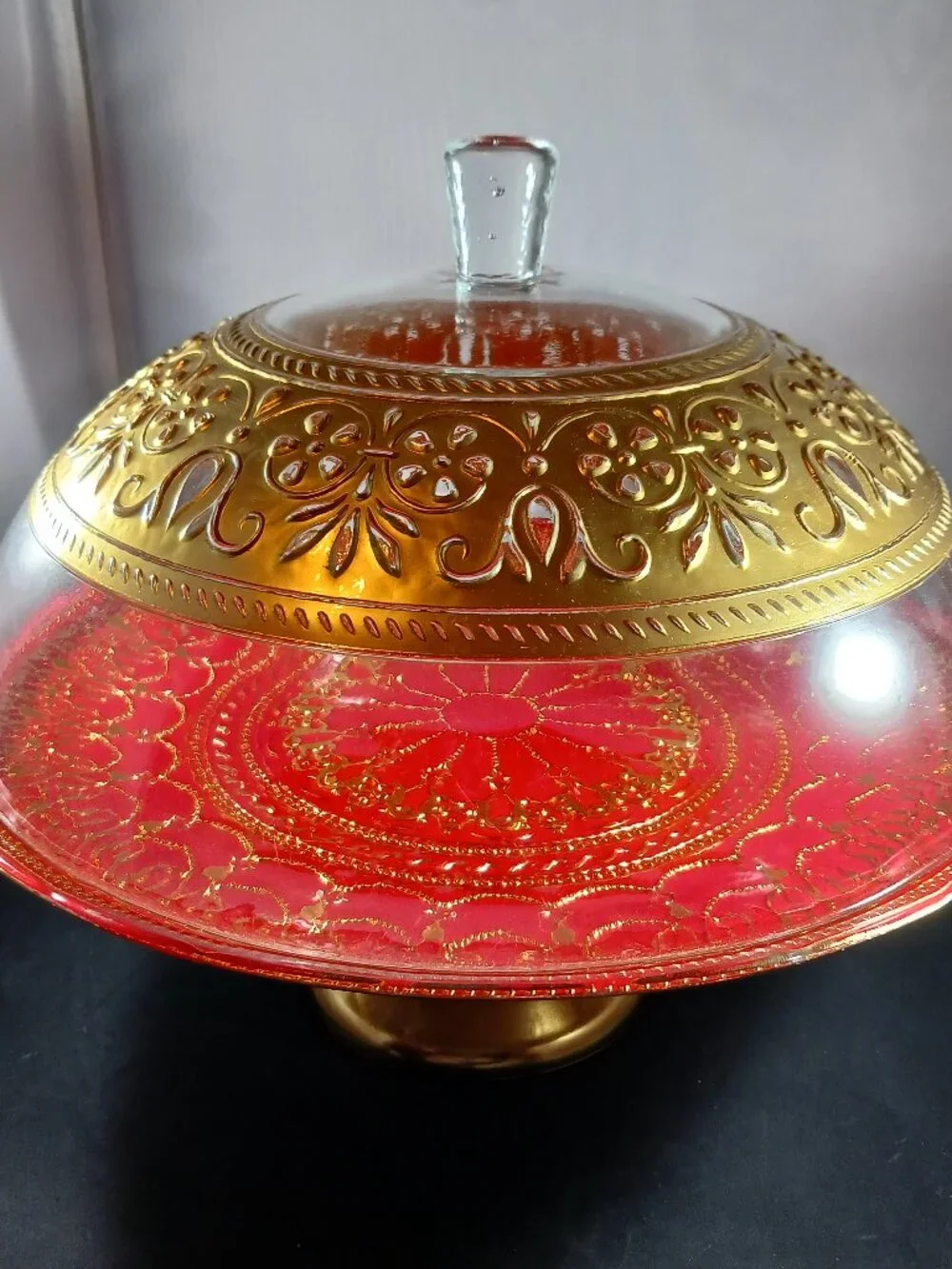 Vintage Gold Art Glass Turkish Cake Stand and Dome Glass